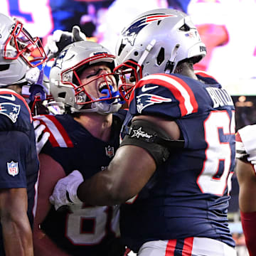 Aug 8, 2025; Foxborough, Massachusetts, USA; New England Patriots wide receiver Efton Chism III (86) reacts after scoring a touchdown against the Washington Commanders during the second half at Gillette Stadium. Mandatory Credit: Brian Fluharty-Imagn Images