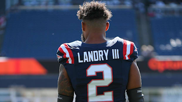Sep 28, 2025; Foxborough, Massachusetts, USA; New England Patriots linebacker Harold Landry III (2) works on drills prior to 