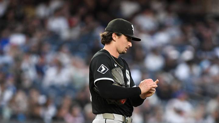 Jun 16, 2026; Bronx, New York, USA; Chicago White Sox pitcher Davis Martin (65) reacts after walking New York Yankees right fielder Spencer Jones (not pictured) with the bases loaded to force in a run during the third inning at Yankee Stadium. Mandatory Credit: John Jones-Imagn Images