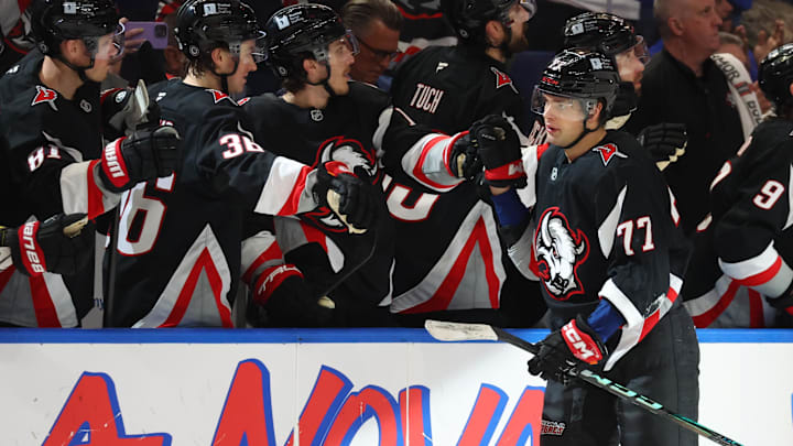 Apr 17, 2025; Buffalo, New York, USA;  Buffalo Sabres right wing JJ Peterka (77) celebrates his goal with teammates during the third period against the Philadelphia Flyers at KeyBank Center. Mandatory Credit: Timothy T. Ludwig-Imagn Images