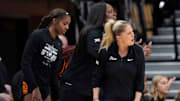 Oklahoma State head women's basketball coach Jacie Hoyt reacts to a call in the first half of the college basketball game between the Oklahoma State University Cowgirls and the Colorado Buffaloes at Gallagher-Iba Arena in Stillwater, Okla., Saturday, Feb., 22, 2025.
