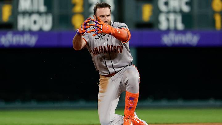 May 30, 2026: San Francisco Giants left fielder Casey Schmitt (10) reacts from second on a double in the seventh inning against the Colorado Rockies at Coors Field. 