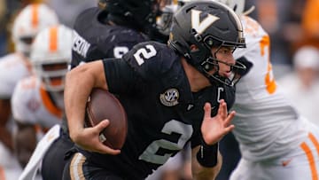 Vanderbilt quarterback Diego Pavia (2) runs the ball on a keeper during the third quarter at FirstBank Stadium in Nashville, Tenn., Saturday, Nov. 30, 2024.