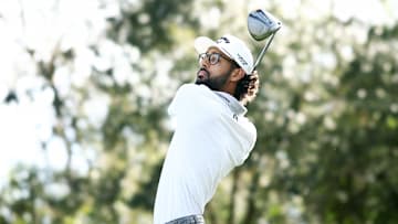 Akshay Bhatia tees off during the second round of the 2025 Players Championship