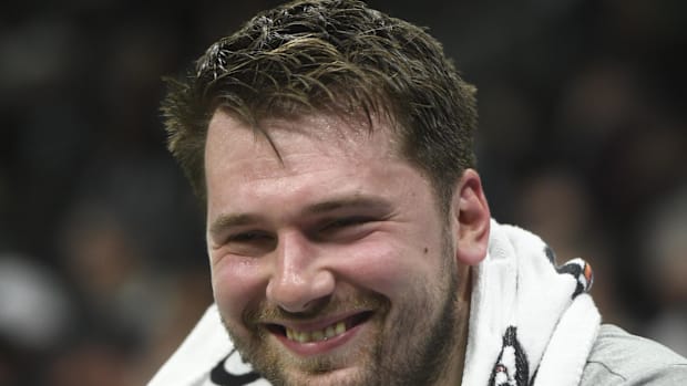 Apr 9, 2024; Charlotte, North Carolina, USA;  Dallas Mavericks guard Luka Doncic (77) smiles