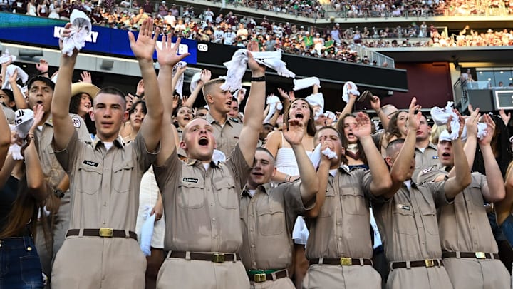 Aug 31, 2024; College Station, Texas, USA; The Texas AM Aggies' Corps of Cadets cheer during the first half of the game against the Notre Dame Fighting Irish at Kyle Field. 