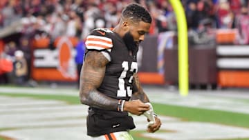 Oct 17, 2021; Cleveland, Ohio, USA; Cleveland Browns wide receiver Odell Beckham Jr. (13) walks off the field after the game between the Browns and the Arizona Cardinals at FirstEnergy Stadium.