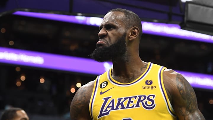 Jan 2, 2023; Charlotte, North Carolina, USA; Los Angeles Lakers forward LeBron James (6) reacts after scoring during second half against the Charlotte Hornets at the Spectrum Center. Mandatory Credit: Sam Sharpe-Imagn Images