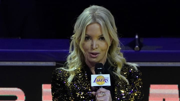 Dec 22, 2020; Los Angeles, California, USA; Los Angeles Lakers owner Jeanie Buss speaks at 2020 NBA Championship ring ceremony before a game between the Lakers and the Los Angeles Clippers at Staples Center. Mandatory Credit: Kirby Lee-USA TODAY Sports