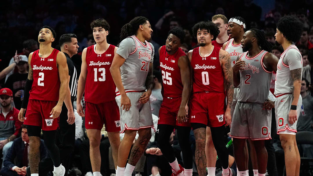 Wisconsin Badgers react in the second half of the NCAA game at Value City Arena on Tuesday, Feb. 17, 2026 in Columbus, Ohio.