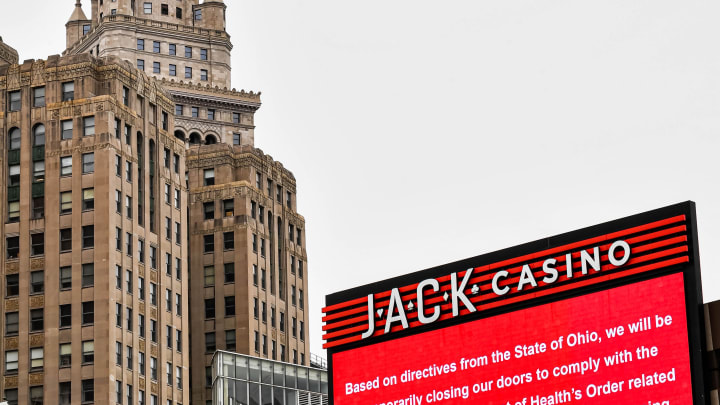 Mar 14, 2020; Cleveland, Ohio, USA;  The Terminal Tower is shown behind a sign for JACK Casino