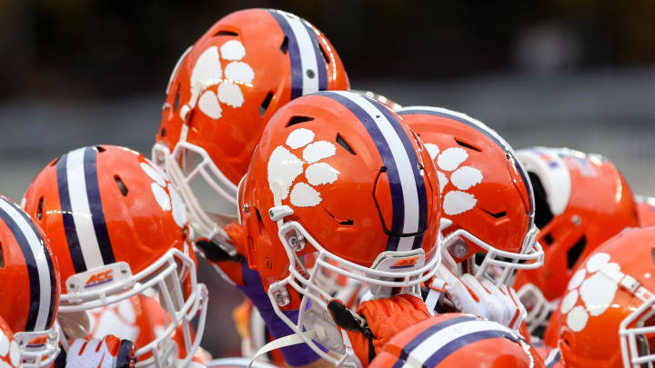 Sep 8, 2018; College Station, TX, USA; A general view of the Clemson Tigers helmets before the start of the against the Texas A&M Aggies at Kyle Field.