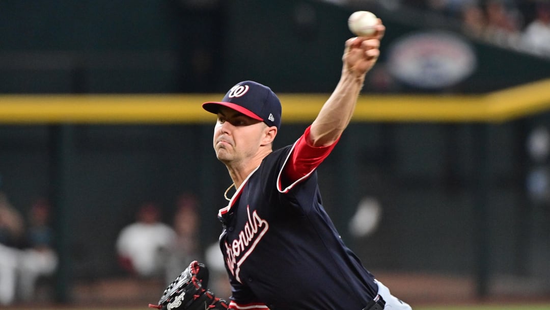 Jul 31, 2024; Phoenix, Arizona, USA;  Washington Nationals pitcher MacKenzie Gore (1) throws against the Arizona Diamondbacks in the first inning at Chase Field. 