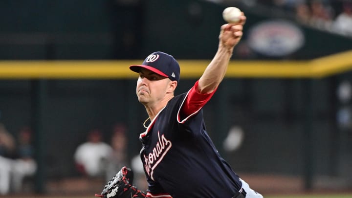 Jul 31, 2024; Phoenix, Arizona, USA;  Washington Nationals pitcher MacKenzie Gore (1) throws against the Arizona Diamondbacks in the first inning at Chase Field. 