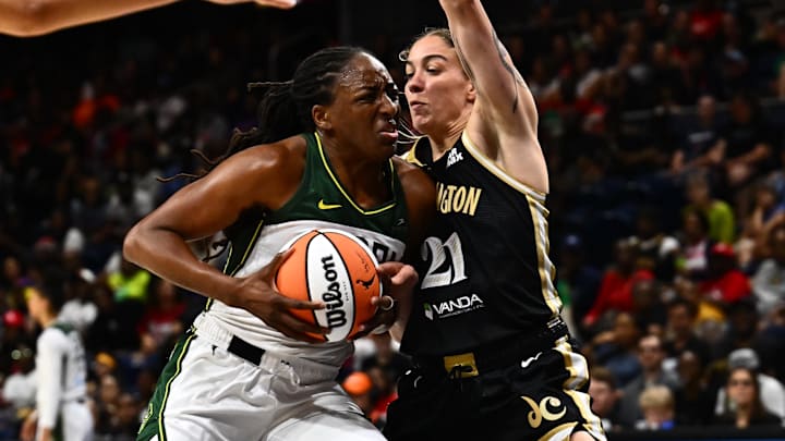 Jul 26, 2025; Washington, District of Columbia, USA;  Seattle Storm forward Nneka Ogwumike (3) drives to the basket as Washington Mystics forward Emily Engstler (21) defends during the first quarter at CareFirst Arena. 