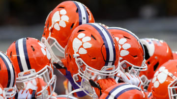 Sep 8, 2018; College Station, TX, USA; A general view of the Clemson Tigers helmets before the start of the against the Texas A&M Aggies at Kyle Field.