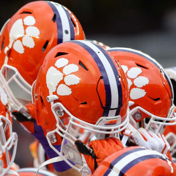Sep 8, 2018; College Station, TX, USA; A general view of the Clemson Tigers helmets before the start of the against the Texas A&M Aggies at Kyle Field.