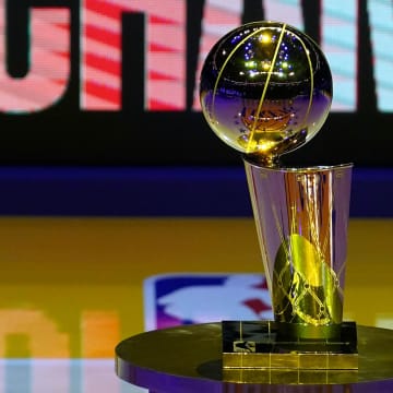Dec 22, 2020; Los Angeles, California, USA; The 2020 NBA Championship Larry O'Brien trophy won by the Los Angeles Lakers on display at Staples Center. Mandatory Credit: Kirby Lee-USA TODAY Sports