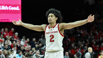 Feb 23, 2025; Piscataway, New Jersey, USA; Rutgers Scarlet Knights guard Dylan Harper (2) during the second half against the USC Trojans at Jersey Mike's Arena. Mandatory Credit: John Jones-Imagn Images