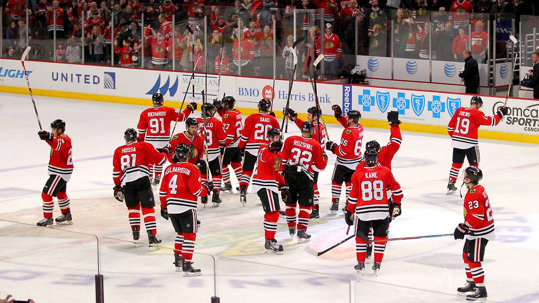Nov 16, 2014; Chicago, IL, USA; The Chicago Blackhawks celebrate their victory over the Dallas Stars following the third period at the United Center. Chicago won 6-2. Mandatory Credit: Wierzbicki-USA TODAY Sports