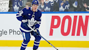 Oct 11, 2023; Toronto, Ontario, CAN; Toronto Maple Leafs center Fraser Minten (39) skates during the warmup before a game against the Montreal Canadiens at Scotiabank Arena. Mandatory Credit: Nick Turchiaro-Imagn Images