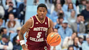 Jan 25, 2025; Chapel Hill, North Carolina, USA;  Boston College Eagles guard Fred Payne (5) brings the ball up the court in the first half at Dean E. Smith Center. Mandatory Credit: Bob Donnan-Imagn Images