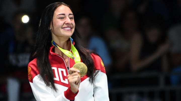 Aug 8, 2016; Rio de Janeiro, Brazil; Yana Egorian (RUS) wins gold in the women's sabre individual competition in the Rio 2016 Summer Olympic Games at Carioca Arena 3. 