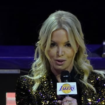 Dec 22, 2020; Los Angeles, California, USA; Los Angeles Lakers owner Jeanie Buss speaks at 2020 NBA Championship ring ceremony before a game between the Lakers and the Los Angeles Clippers at Staples Center. Mandatory Credit: Kirby Lee-USA TODAY Sports