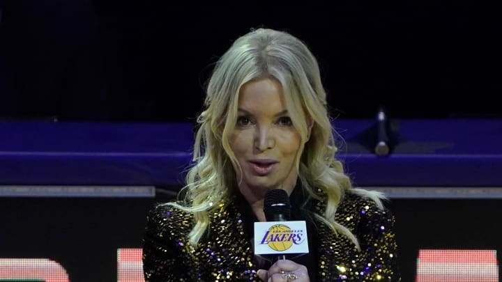 Dec 22, 2020; Los Angeles, California, USA; Los Angeles Lakers owner Jeanie Buss speaks at 2020 NBA Championship ring ceremony before a game between the Lakers and the Los Angeles Clippers at Staples Center. Mandatory Credit: Kirby Lee-USA TODAY Sports