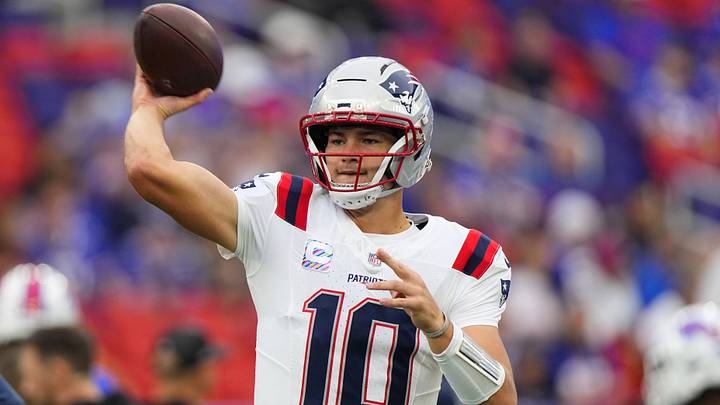 Oct 4, 2026; Orchard Park, New York, USA;  Drake Maye #10 of the New England Patriots warms up before the game against the Buffalo Bills at New Highmark Stadium.  Mandatory Credit: Gregory Fisher-Imagn Images