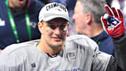 Feb 3, 2019; Atlanta, GA, USA; New England Patriots tight end Rob Gronkowski (87) reacts after defeating the Los Angeles Rams in Super Bowl LIII at Mercedes-Benz Stadium. Mandatory Credit: John David Mercer-Imagn Images