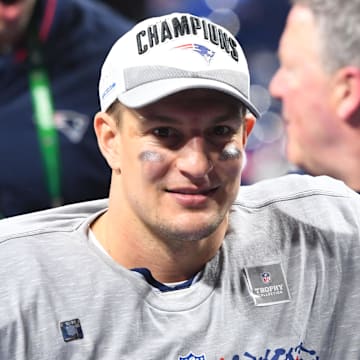 Feb 3, 2019; Atlanta, GA, USA; New England Patriots tight end Rob Gronkowski (87) reacts after defeating the Los Angeles Rams in Super Bowl LIII at Mercedes-Benz Stadium. Mandatory Credit: John David Mercer-Imagn Images