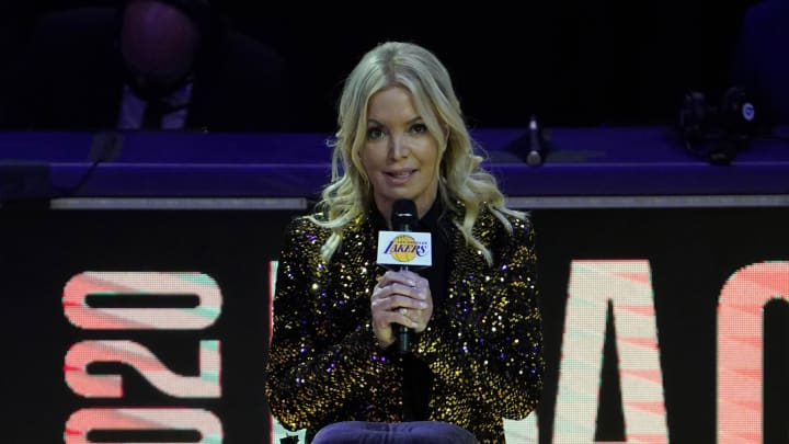 Dec 22, 2020; Los Angeles, California, USA; Los Angeles Lakers owner Jeanie Buss speaks at 2020 NBA Championship ring ceremony at Staples Center. Mandatory Credit: Kirby Lee-USA TODAY Sports