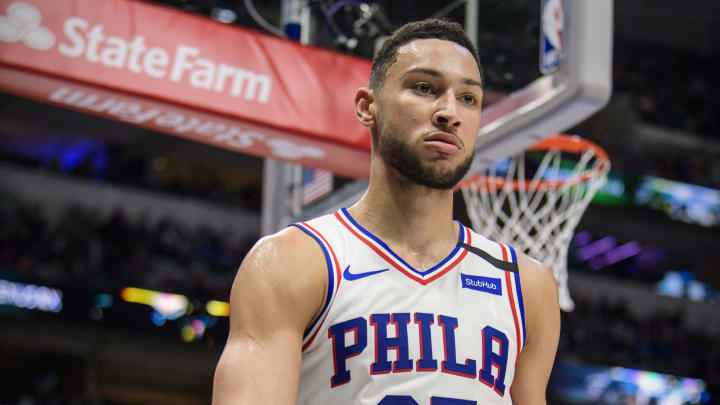 Jan 11, 2020; Dallas, Texas, USA; Philadelphia 76ers guard Ben Simmons (25) reacts to being fouled during the second quarter against the Dallas Mavericks at the American Airlines Center. Mandatory Credit: Jerome Miron-USA TODAY Sports