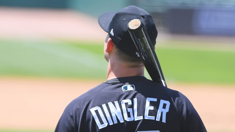 Dillon Dingler looks on with his bat at Detroit Tigers Summer Workouts.