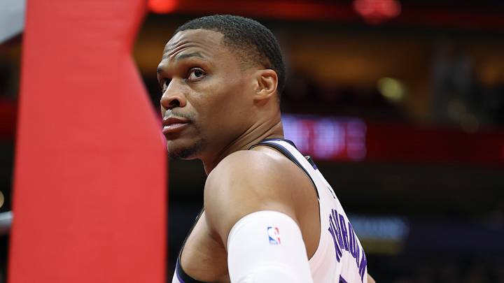 Feb 25, 2026; Houston, Texas, USA; Sacramento Kings guard Russell Westbrook (18) looks towards the crowd before the start of the game against the Houston Rockets at Toyota Center. Mandatory Credit: Troy Taormina-Imagn Images