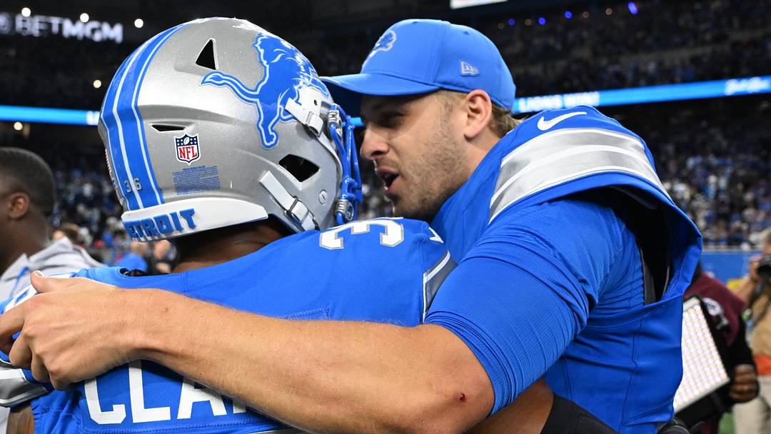 Detroit Lions quarterback Jared Goff (16) with safety Chuck Clark (36) following a win against the New Orleans Saints Detroit Lions quarterback Jared Goff (16) with safety Chuck Clark (36) following a win against the New Orleans Saints