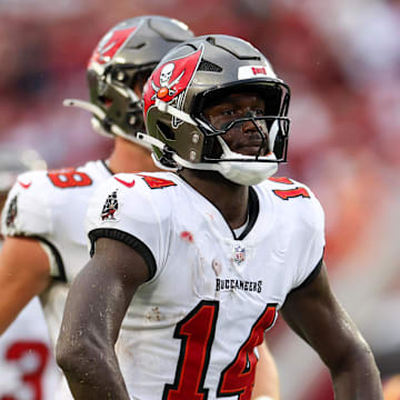 Sep 8, 2024; Tampa, Florida, USA; Tampa Bay Buccaneers wide receiver Chris Godwin (14) reacts after a play against the Washington Commanders in the fourth quarter at Raymond James Stadium. Mandatory Credit: Nathan Ray Seebeck-Imagn Images