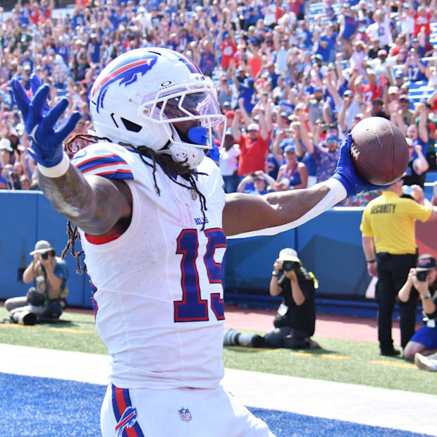 Buffalo Bills wide receiver Laviska Shenault Jr. reacts to catching a pass for a two-point conversion against the Giants