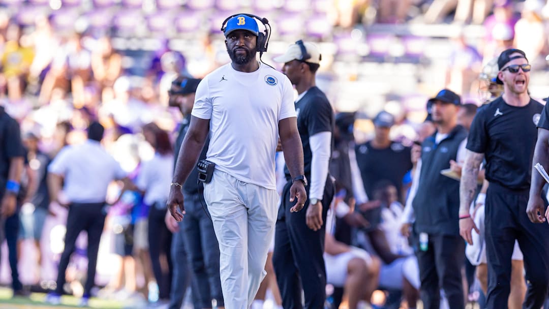 Sep 21, 2024; Baton Rouge, Louisiana, USA;  UCLA Bruins head coach DeShaun Foster looks on during the second half against the LSU Tigers at Tiger Stadium. Mandatory Credit: Stephen Lew-Imagn Images