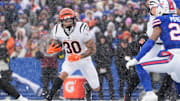 Dec 7, 2025; Orchard Park, New York, USA; Cincinnati Bengals running back Chase Brown (30) runs with the ball in the second quarter against the Buffalo Bills at Highmark Stadium. Mandatory Credit: Gregory Fisher-Imagn Images