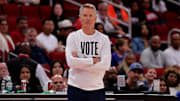Nov 2, 2024; Houston, Texas, USA; Golden State Warriors head coach Steve Kerr on the sideline against the Houston Rockets during the first quarter at Toyota Center. Mandatory Credit: Erik Williams-Imagn Images
