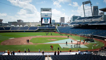 The Tennessee baseball team during practice before the NCAA College World Series finals at Charles Schwab Field in Omaha, Neb., on Friday, June 21, 2024.