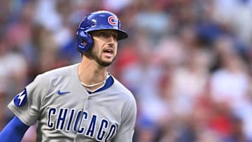Aug 23, 2025; Anaheim, California, USA; Chicago Cubs outfielder Kyle Tucker (30) hits a two-run home run against the Los Angeles Angels during the third inning at Angel Stadium. Mandatory Credit: Jonathan Hui-Imagn Images
