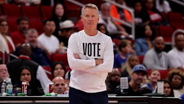 Nov 2, 2024; Houston, Texas, USA; Golden State Warriors head coach Steve Kerr on the sideline against the Houston Rockets during the first quarter at Toyota Center. Mandatory Credit: Erik Williams-Imagn Images
