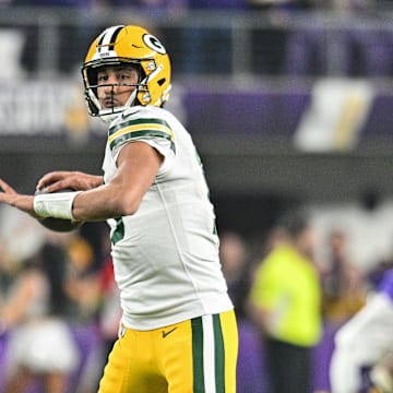 Dec 31, 2023; Minneapolis, Minnesota, USA; Green Bay Packers quarterback Jordan Love (10) in action during the game against the Minnesota Vikings at U.S. Bank Stadium. Mandatory Credit: Jeffrey Becker-Imagn Images