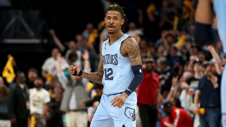 Apr 26, 2023; Memphis, Tennessee, USA; Memphis Grizzlies guard Ja Morant (12) reacts during the second half against the Los Angeles Lakers during game five of the 2023 NBA playoffs at FedExForum. Mandatory Credit: Petre Thomas-USA TODAY Sports