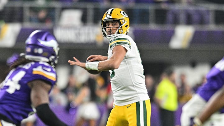 Dec 31, 2023; Minneapolis, Minnesota, USA; Green Bay Packers quarterback Jordan Love (10) in action during the game against the Minnesota Vikings at U.S. Bank Stadium. Mandatory Credit: Jeffrey Becker-Imagn Images