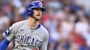 Aug 23, 2025; Anaheim, California, USA; Chicago Cubs outfielder Kyle Tucker (30) hits a two-run home run against the Los Angeles Angels during the third inning at Angel Stadium. Mandatory Credit: Jonathan Hui-Imagn Images