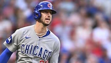 Aug 23, 2025; Anaheim, California, USA; Chicago Cubs outfielder Kyle Tucker (30) hits a two-run home run against the Los Angeles Angels during the third inning at Angel Stadium. Mandatory Credit: Jonathan Hui-Imagn Images